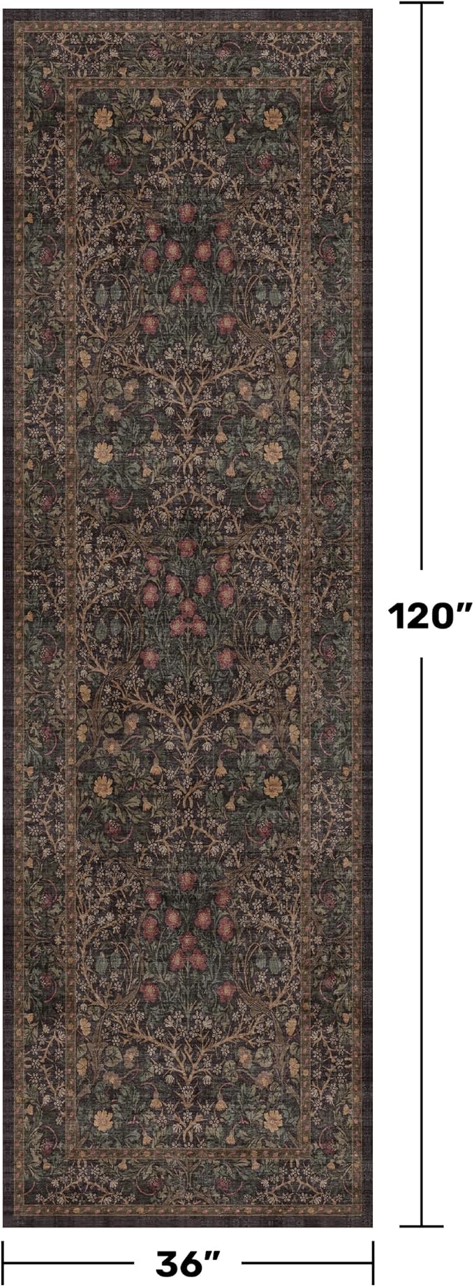 Boho Washable 3x10 Extra Long Runner Rug for Entryway, Hallway, Brown Large Kitchen Floor Rug Indoor, Non-Slip Stain & Fade Resistant, Vintage Dark Brown Taupe Floral Décor