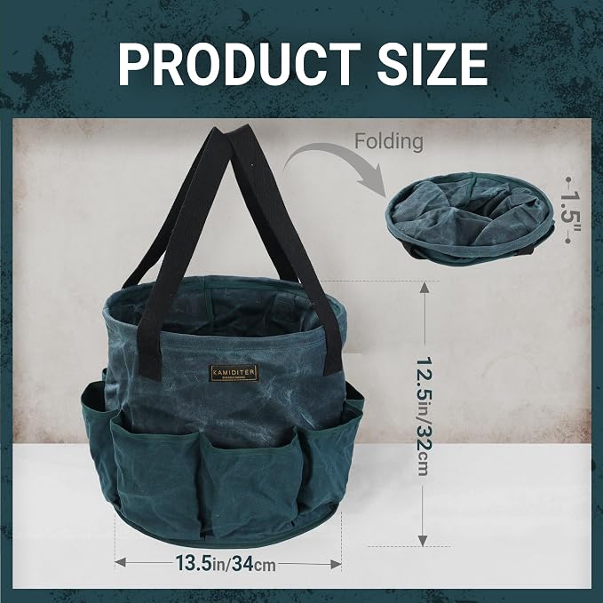 8 Pockets Canvas Tool Organizer Folds Flat to 3-Inch, Bucket Tool Organizer, Reusable Grocery Storage Tote for Garden/Home/Outdoor/Car, 13.5" D x 12.5" H | Dark Green