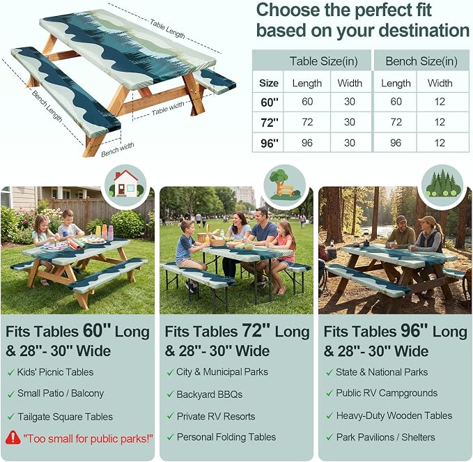 Play Tailor Picnic Table Cover with Bench Covers Camping Essentials Waterproof Windproof Camping Tablecloth with Drawstring Bag, Fitted Rectangle Tables and Seats, 60in, Green Blue