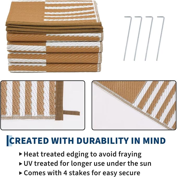 Garvee Waterproof Outdoor Rug 9x18, Checkered Foldable Plastic Straw Patio Camping Rug, Outdoor RV Carpet for Deck Camper Porch Balcony Backyard Picnic Beach Tan
