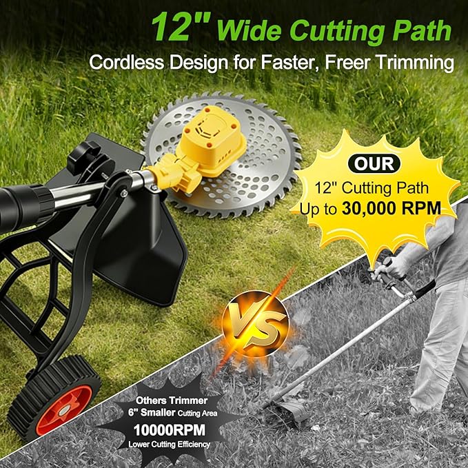 2026 New 30000 RPM Brushless Cordless Weed Wacker with Wheels, 12-Inch Battery Powered Electric Weed Eater, 4-in-1 Grass Trimmer, Brush Cutter, Stringless Weed Trimmer & Lawn Edger (1, Yellow)