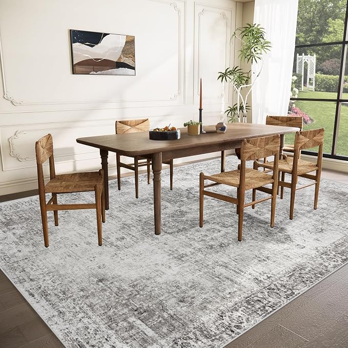 Area Rug 9x12 Washable Rug, Vintage Boho Medallion Rugs Non-Slip Soft Low Pile Large Distressed Rug Indoor Retro Carpet for Living Room Bedroom Dining Room Home Office (Grey, 9'x12')
