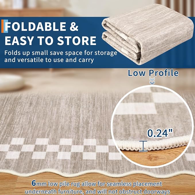 GarveeHome Area Rug 6x9 Large Living Room Modern Border Throw Rug | with Rubber Backing Stain Resistant Dining Room Throw Carpet Washable Scalloped Rug for Bedroom Home Decor Office, Fog