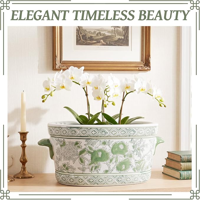 LemonRoad Green and White Ceramic Planter Pot 14 x 7.7 x 6.1 Inches Porcelain Vintage Floral Oval Cachepot Vase Chinoiserie Decor for Indoor Plants Succulents Home((Peony Style)