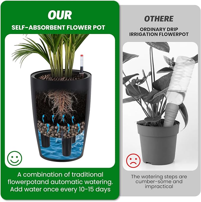 16" Tall Planter Set of 4, Self Watering Pots, Large Planter for Indoor Outdoor Plants, Built-in Drainage and a Water Level Monitor, Tall Planters for Patio, Porch, Living Room, Home Office, Black
