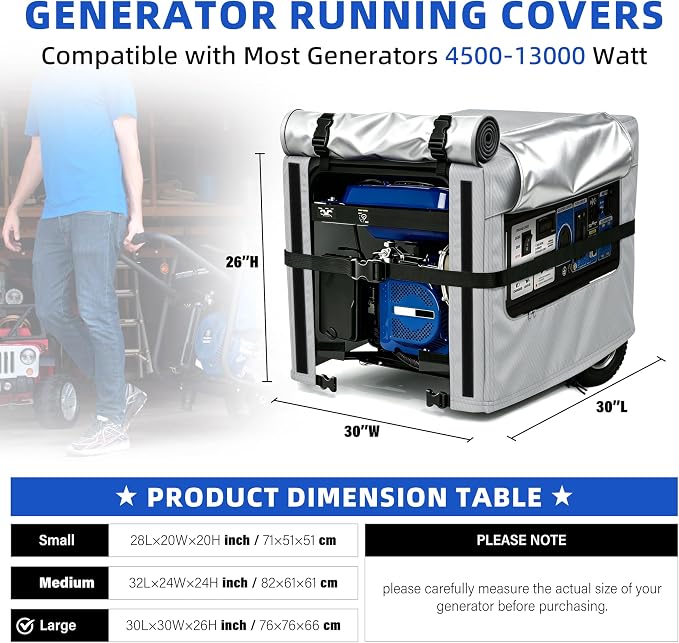 Generator Cover, 900D Heavy Duty Waterproof Fabric. 30L×30W×27H Inch Generator Covers While Running, with Windproof Strap Buckles. Fits most 6000-13000 watt Generators, Gray.