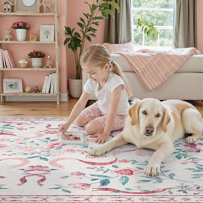 DCX Washable 6x9 Bow Rug, Pink Floral Rug for Girls’ Bedroom, Cute Soft Low Pile Indoor Décor Carpet, Kid & Pet Friendly Nursery Rug for Living Room, Dorm, Playroom