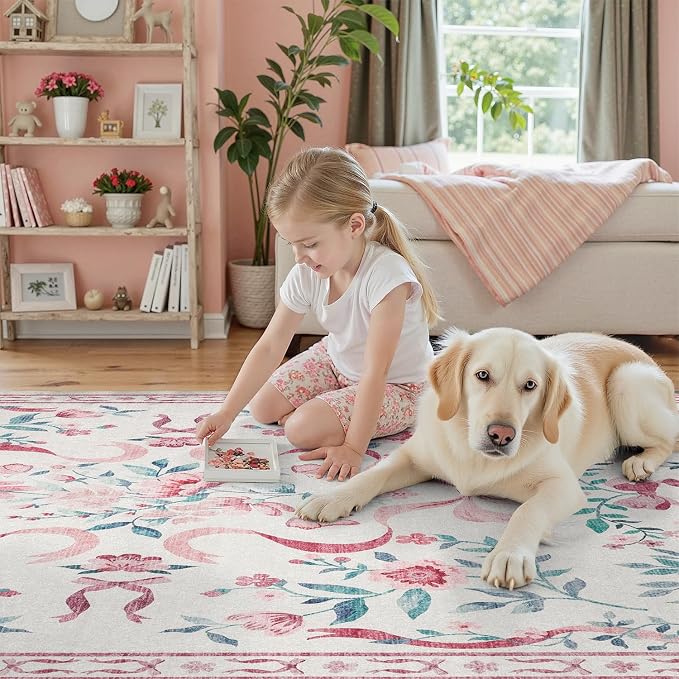 DCX Washable 8x10 Bow Rug, Pink Floral Rug for Girls’ Bedroom, Cute Soft Low Pile Indoor Décor Carpet, Kid & Pet Friendly Nursery Rug for Living Room, Dorm, Playroom