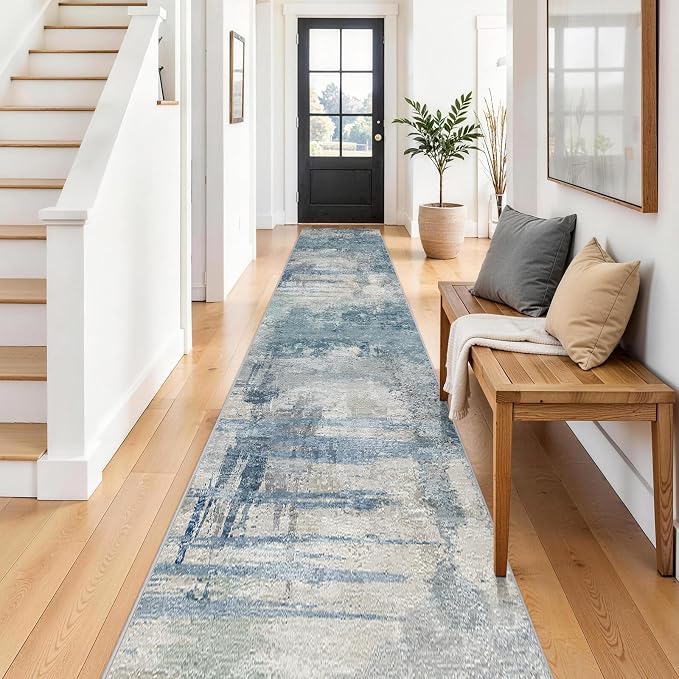 2.6x14 Extra Long Runner Rug: Grey Abstract Washable Non Slip Carpet Blue | Hallways - Soft Low-Pile Thin Indoor Runner for Long Spaces 2.6x14 Blue