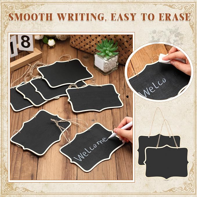 EBOOT 50 Pcs Mini Chalkboard Sign Reusable Wood Chalkboards with Hanging String Erasable Double Sided Small Hanging Blackboard for Message Board Sigs Price Labels Party Buffet Plant Food Name Tag