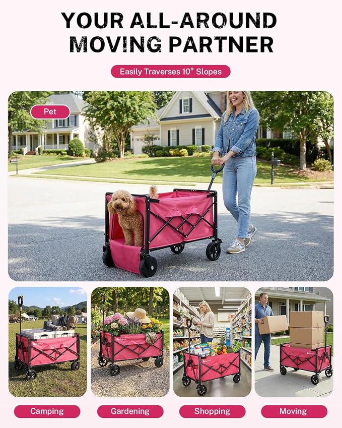 Gonex Electric Wagon Cart with Smart Handlebar 360lbs Heavy Duty Motorized Utility Wagon for Camping Gardening 200L Collapsible Foldable Grocery Cart with Silent Hub Motor Magnetic Brake Pink