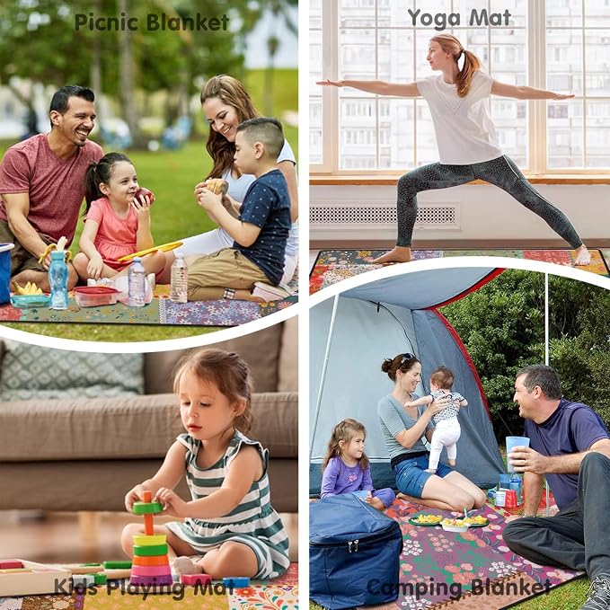Boho Flower Picnic Blankets Waterproof Foldable, 60’‘x80'' Portable Outdoor Picnic Mat Water Resistant for Grass, Padded Lawn & Park Blanket for Camping, Hiking