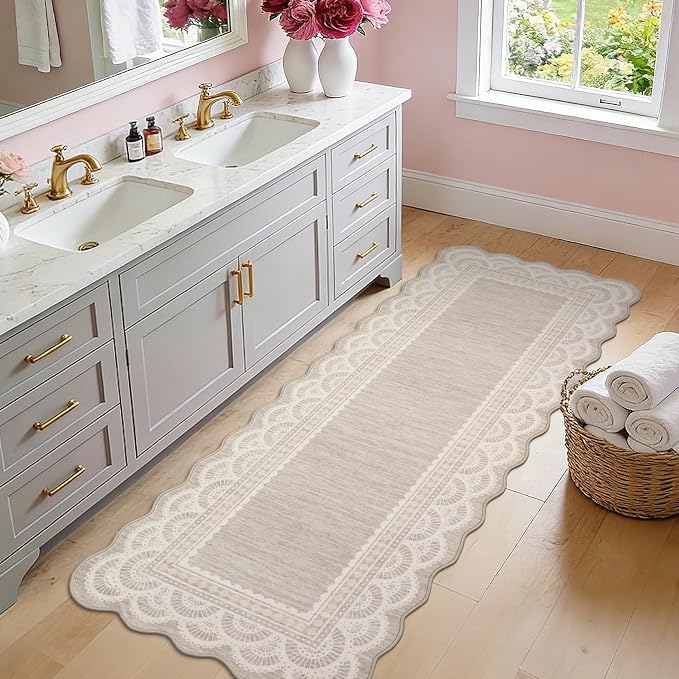 Garvee 2x6 Washable Scalloped Lace Runner Rug, Soft Rugs for Hallway Beige | Non Slip Entryway Rug, Scalloped Rug for College Playroom Kids Girls Room, Non-Shedding Low Pile Rugs Runner for Bedroom