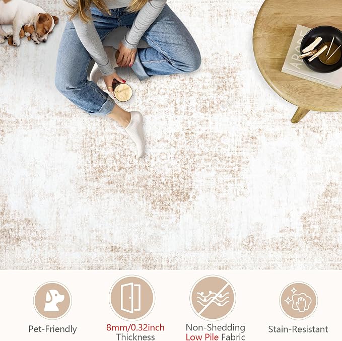 Area Rug 5x7 Vintage Rug: Washable Living Room Rugs Retro Medallion Distressed Large Rugs Soft Low Pile Non-Slip Indoor Floor Carpet for Bedroom Kitchen Nursery Dining Table Office (Beige, 5'x7')
