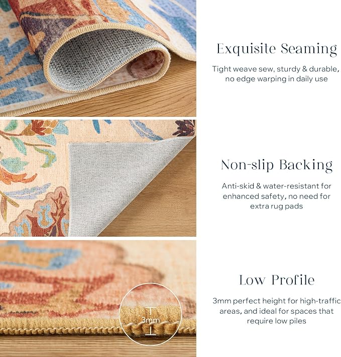 Phantoscope Washable Area Rug 5'x7' Non-Slip, Vintage Boho Rugs for Living Room, Bedroom, Dining Room, Fall Orange Floral Medallion Pattern, Low-Pile Foldable Floor Carpet, Rust/Multi Floral