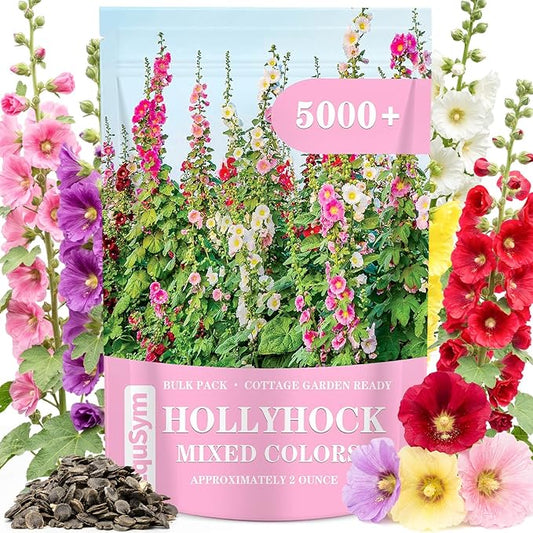 5000+ Hollyhock Seeds Bulk Pack - Mixed Color Tall Cottage Garden Blooms, Outdoor Flower Seeds for Fence Line Borders, Full Sun to Partial Shade
