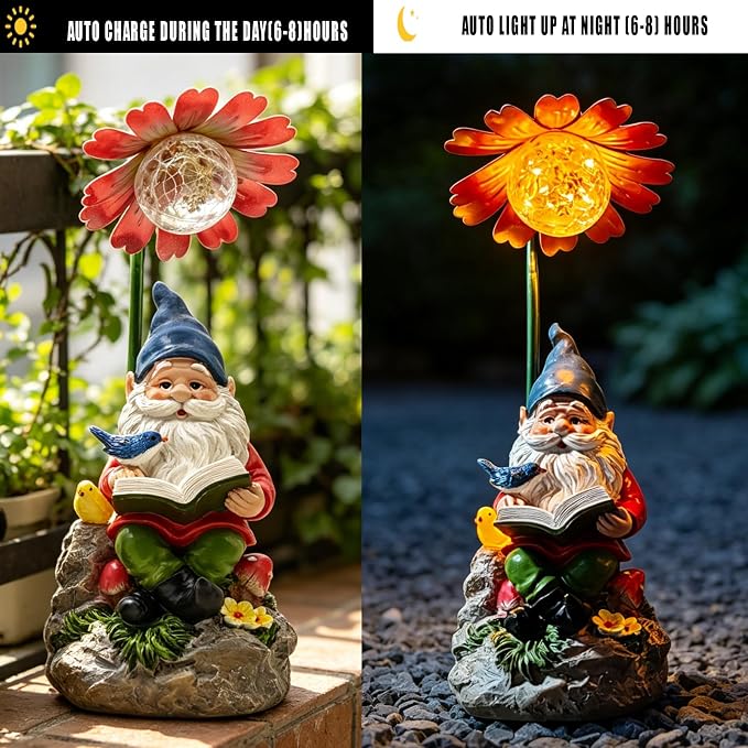 COWOS Solar Powered Garden Gnome Statue with Glowing Flower Light, Hand-Painted Resin Figurine for Outdoor Patio, Yard, Lawn Decor, Gift for Garden Lovers