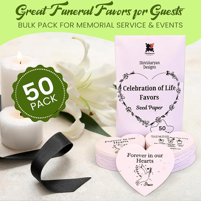 50 Plantable Seed Paper Funeral Favors for Guests - Handmade Seed Cards with Wildflower Seeds for Celebration of Life Events , Memorial Gifts, and Sympathy Cards -2.5 inch x 2 inch