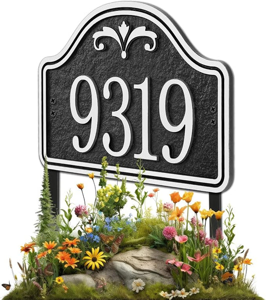 Personalized Lawn Address Plaque Sign with Stakes - House Address Signs for Outside Use for House,Apartment,Office,Yard (Black/Silver)