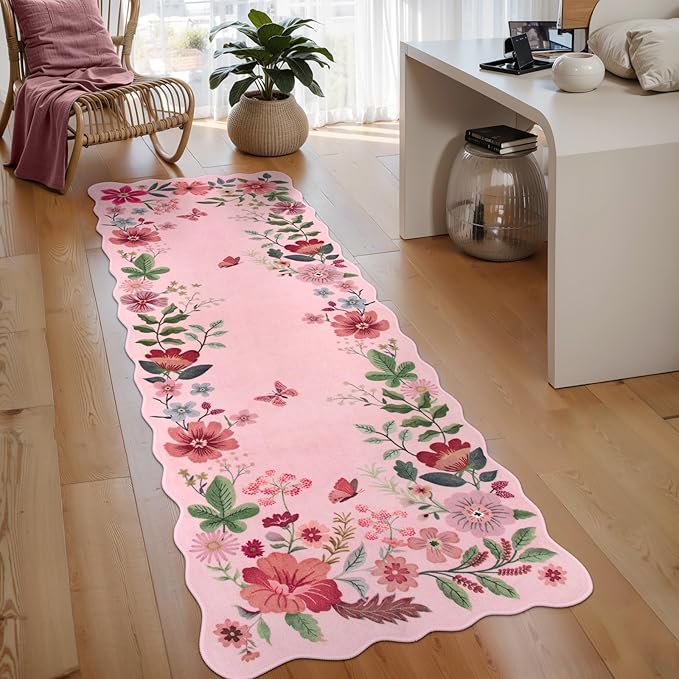 Lahome Floral Kitchen Runner, 2X6 Washable Runner Rug Non-Slip | Ultra-Thin Soft Hallway Rug Stain Resistant Boho Carpet for Bedroom Laundry Bathroom Flore, Pink