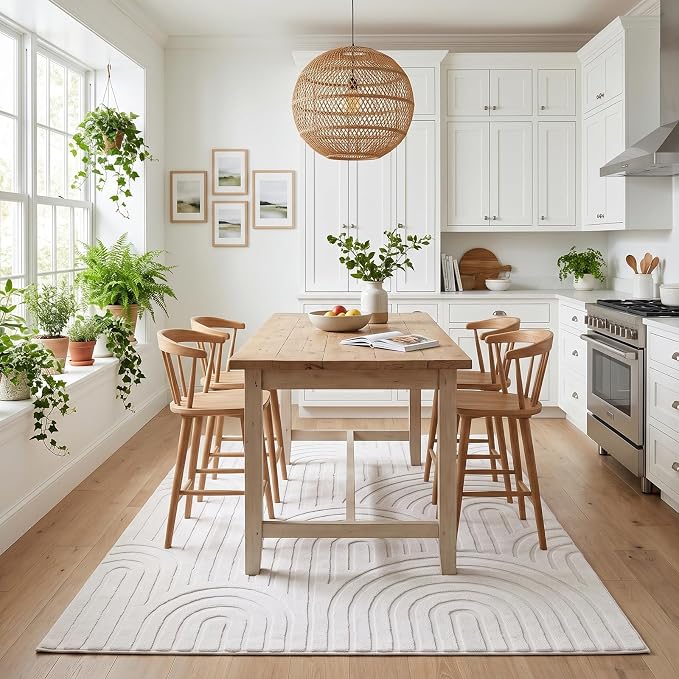 Washable 6x9 Area Rug, High Low Pile Cream Neutral Arch Textured Large Soft Carpet, Non-Slip Stain Resistant Rug for Living Room Bedroom Dining Room, Under Table Rug