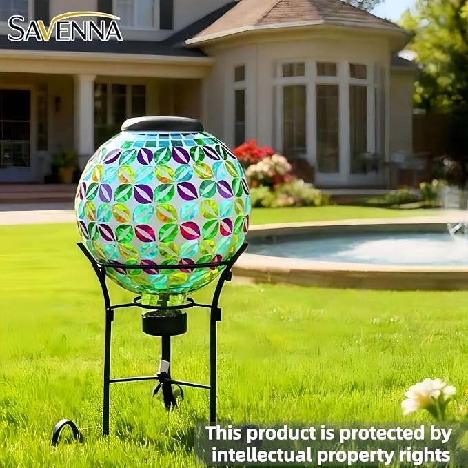 SAVENNA Mosaic Solar Gazing Ball 8 Inch,Glass Garden Globe with Auto On/Off for Yard, Lawn & Outdoor Decor,Multicolor