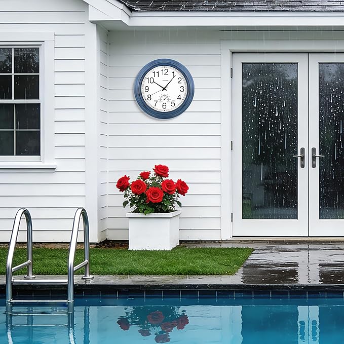 VIKMARI Indoor Outdoor Sealed Glass Clock Waterproof Silent Classic Quartz Clocks Thermometer Battery Operated Wall Clocks for Bathroom Patio Pool Wall Decor (12 Inch,Rustic Blue)