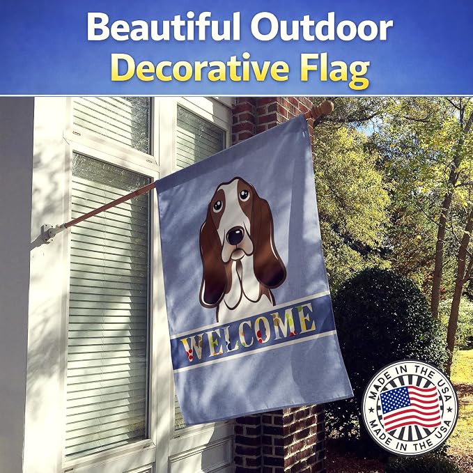 Caroline's Treasures BB1429CHF Basset Hound Welcome House Flag, Blue Large Porch Sleeve Pole Decorative Outside Yard Banner Artwork Wall Hanging, Polyester, House Size, Multicolor