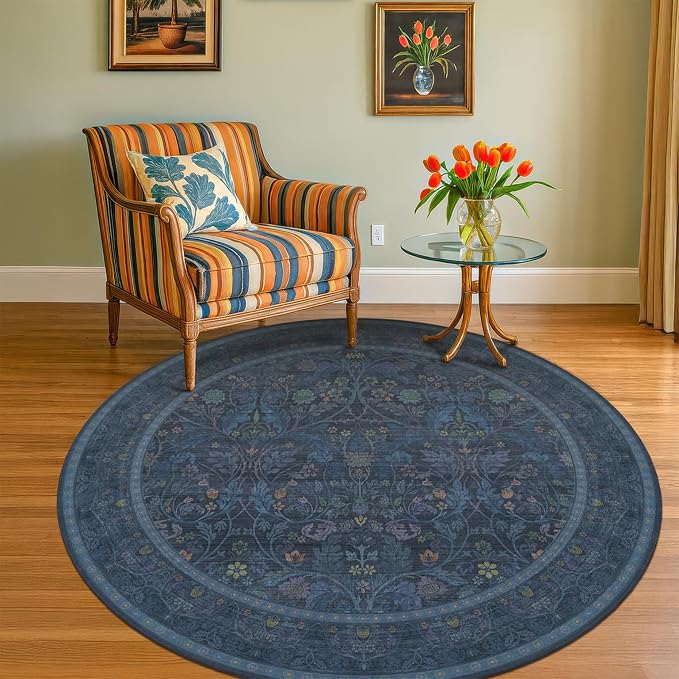 Washable 6ft Round Living Room Rug, Thin Circle Rug for Dining Room Under Table Non Slip, Floral Carpet Boho Décor Bedroom (Dark Blue)