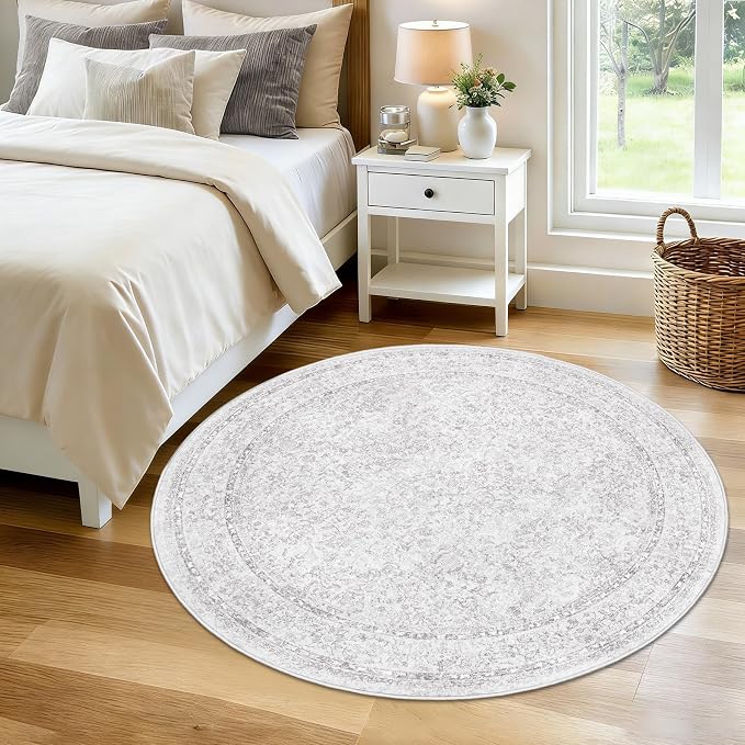 Round Rugs 4ft Vintage Floral Small Circle Rug, Washable Non Slip Soft Low Pile Stain Resistant Carpet for Living Room Bedroom Entryway Dining Room (FloralGrey, 4' Round)