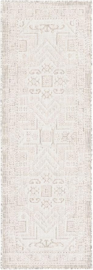 Unique Loom Outdoor Aztec Collection Area Rug - Coba (2' x 6' 1" Runner, Light Gray/ Ivory)