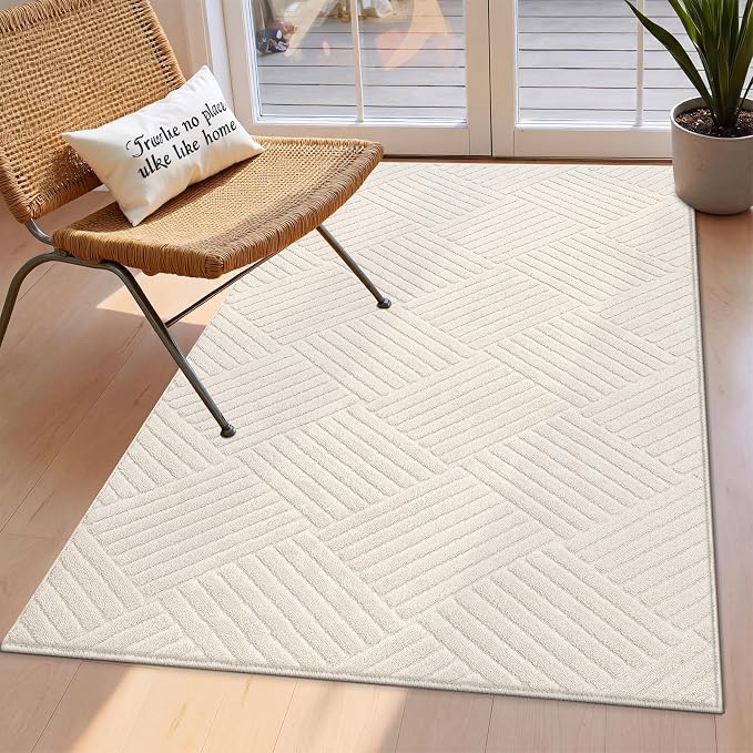 3x5 Living Room Area Rug, Beige Soft Geometric Fluffy Bedroom Mat | Washable Modern Indoor Floor Mat, Non Slip Shaggy Boho Accent Throw Carpet for Office, Dorm, Nursery and Dining Room