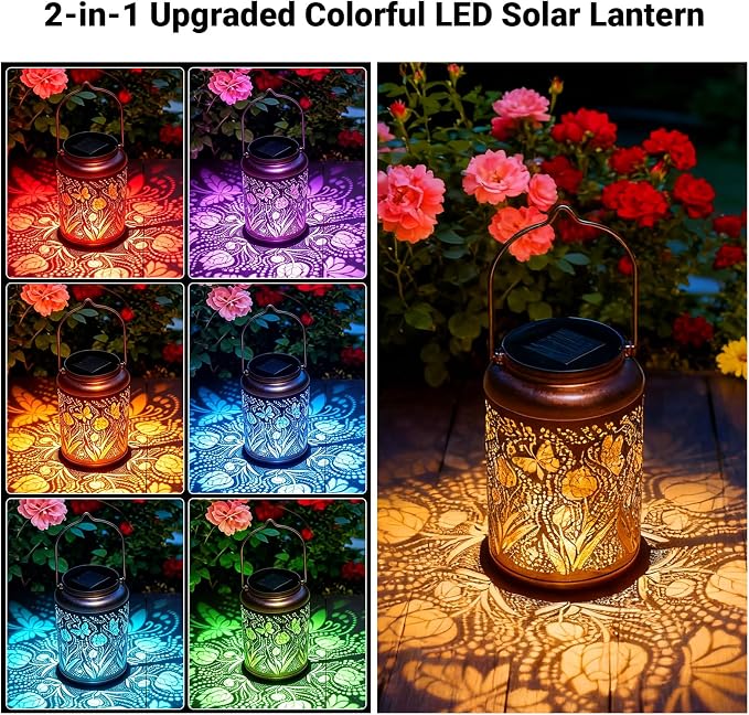 2 Pack Butterfly Solar Lanterns Outdoor Waterproof, Birthday Gifts for Women Mom Grandma Seniors, Metal Hanging Lanterns Decorative Colorful LED Lights for Lawn, Yard, Patio, Backyard, Porch