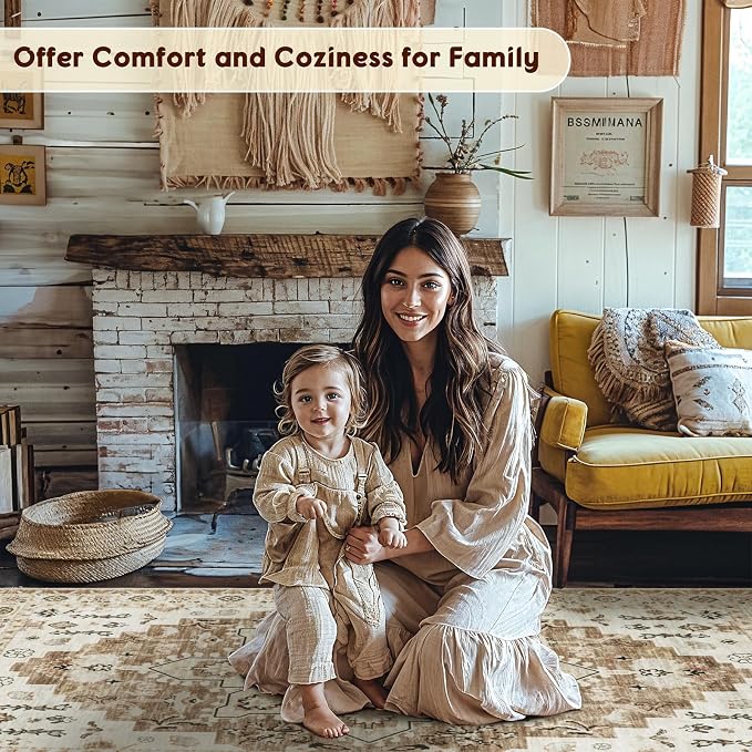 LBRO2M Machine Washable Rug Soft Pet Friendly Carpet 5X7 Cream | Area Rug 5X7 for Living Room, Bedroom, Dining Room, Home Office, Non Slip Carpet, Foldable Stain Resistant Rugs