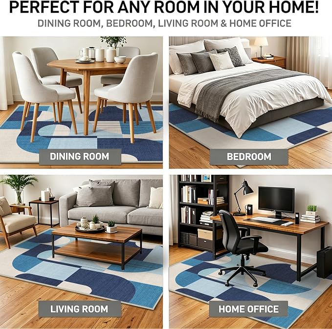 3x5 Blue and White Geometric Area Rug for Bedroom Entryway Hallway Abstract Modern Rug Machine Washable Non-Slip Carpet for Bathroom Kitchen Bedside Living Room