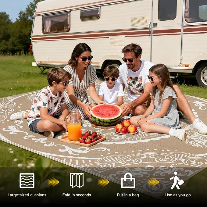 Pauwer Waterproof Outdoor Rug 8x10, Reversible Plastic Straw Patio Camping Rug, Indoor Outdoor RV Mat Carpet for Deck, Camper, Porch, Balcony, Backyard, Picnic, Paisley Brown