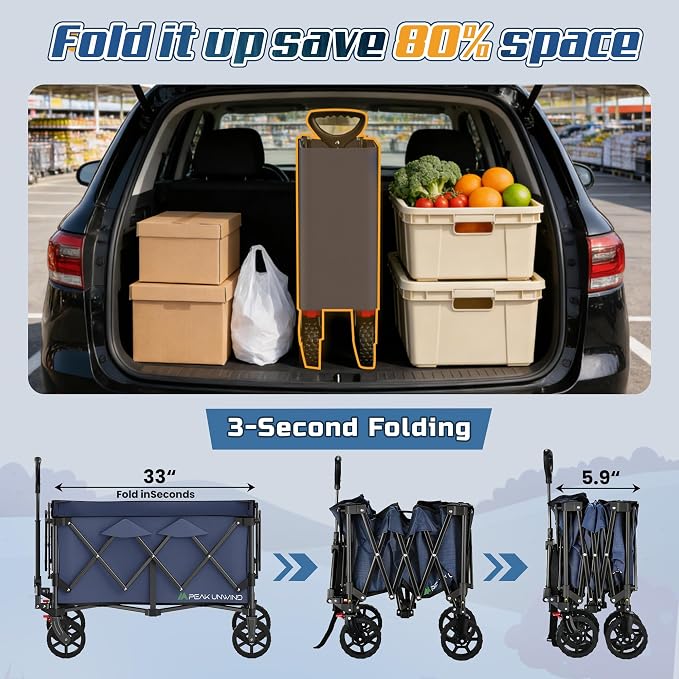 Wagons Carts Foldable,Collapsible Wagon with Wheels,450LBS Heavy Duty Beach Wagon Cart,Lightweight Portable Folding Utility Wagon Cart with Cup Holders for Camping, Garden, Sports, Grocery pcs (Blue)