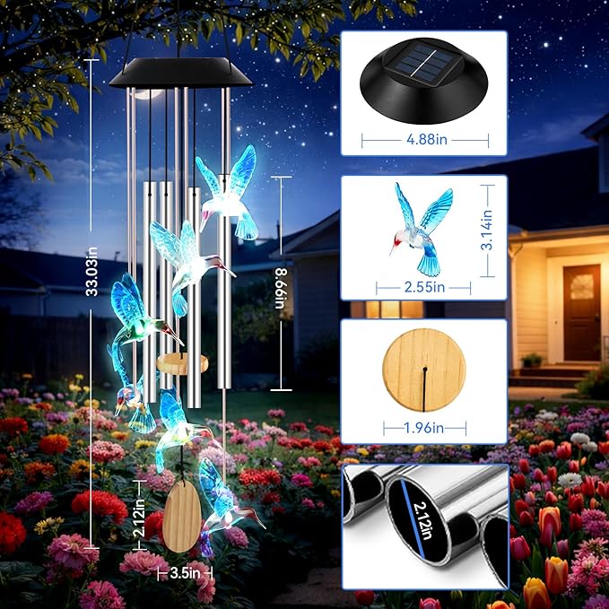 Wind Chimes for Outside, Solar Lights Outdoor Waterproof, Color Changing Hummingbird Light for Yard, Outdoor, Patio, Garden Decor, Wind Mobiles Gardening Gifts for Women, Mom, Wife, Blue Hummingbird