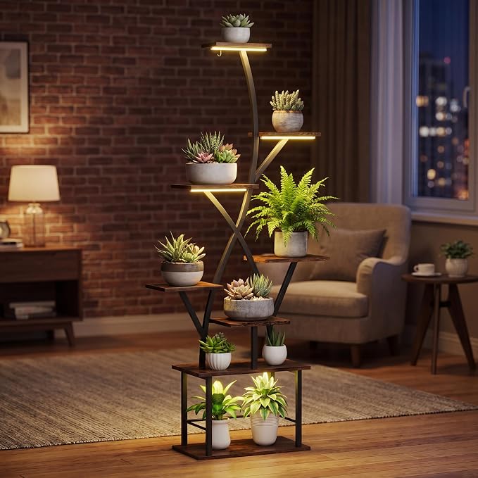 Quikraen Plant Stand Indoor with Grow Lights 64" Tall Plant Shelf Corner Lighted Plant Stands for Indoor Growing Multiple Metal 8 Tiered Large S-Shape Flower Plant Rack for Home Decor Patio Balcony