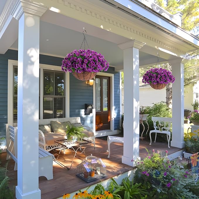 Artificial Hanging Flower Plants with Basket for Spring Summer Outdoor Decoration, Faux Petunias Flowers Fake Morning Glory Planter for Outside Patio Garden Porch Balcony Yard Spring Decor(Lotus)
