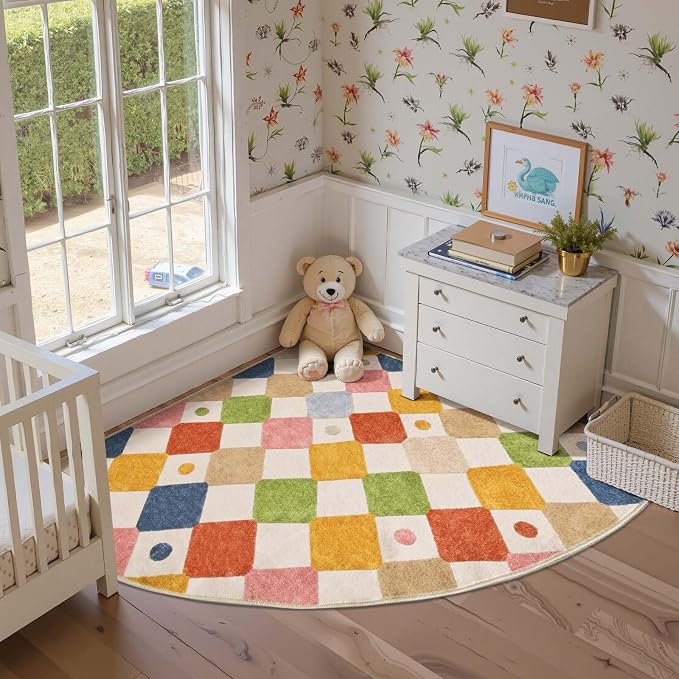 jinchan Corner Rug Washable Kids Rug Colorful Classroom Reading Nook Mat | 5ft Radius, Soft, Non-Slip, Kid-Friendly, Checkered Diamond, Quarter Circle, Calming Corner, Nursery, Playroom, Daycare