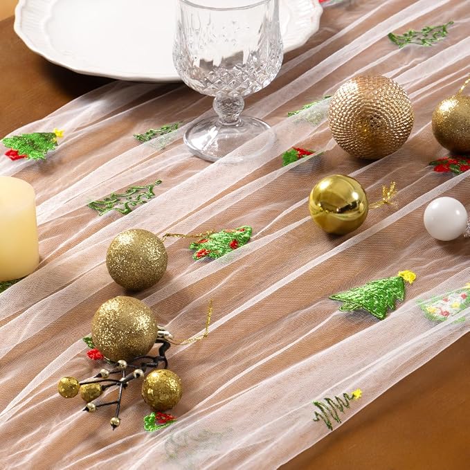 Socomi Christmas Table Runner Tulle Gauze Cheesecloth Embroidery Sheer Table Runners for Winter Wedding Party Baby Shower Birthday Holiday Picnic Home Decor
