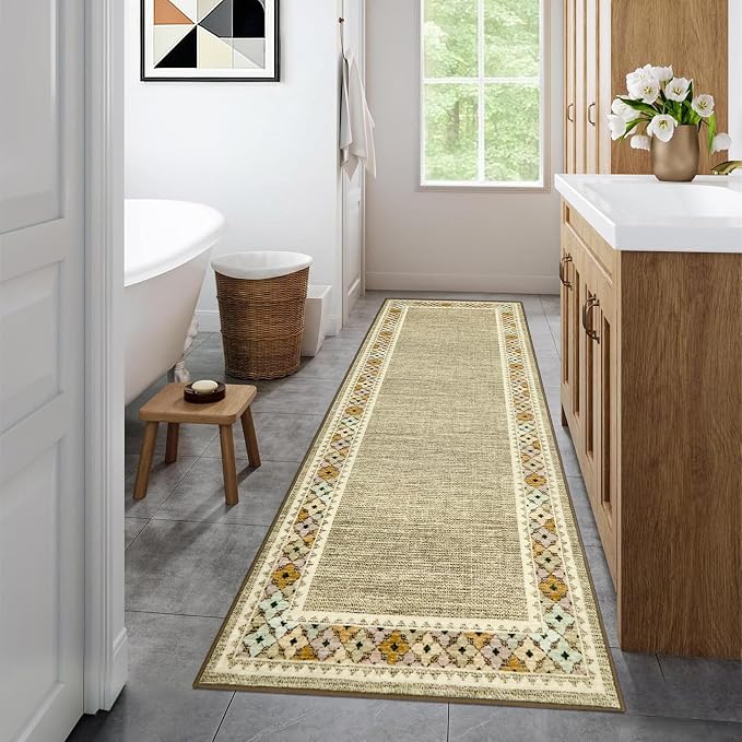 Garvee 2x6 Tribal Border Kitchen Rugs Washable Rugs for Hallway, Linen | Floral Border Area Rug Stain Resistant Easy Cleaning Throw Rugs Low Pile Floor Cover for Bedroom Laundry