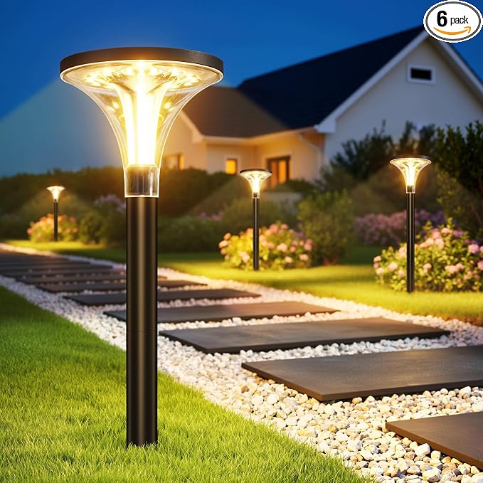 200LM Bright Solar Pathway Lights Outdoor, 6 Pack 29" Tall Solar Powered Garden Lights Waterproof, Auto ON/Off Outdoor Lighting for Path Yard Walkway Driveway Decor