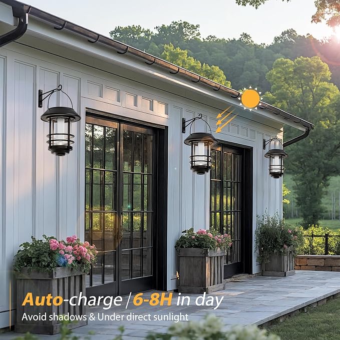 Otdair Solar Lanterns Outdoor Waterproof, 4 Pack Flickering Flames Wall Garden Decor , Hanging Solar Lights Wall Mount Decorations for Halloween, Front Porch, Patio, Yard.