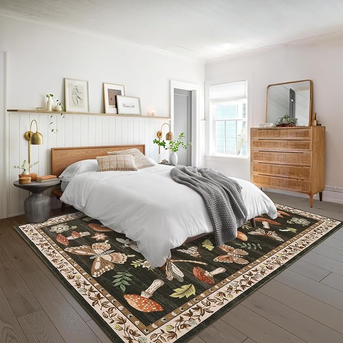 Mushroom 8x10 Rug for Living Room Non Slip Washable 8 X 10 Rug for Bedroom with Rubber Back Soft Low-Pile Stain Resistant Foldable Large Carpet for Office Nursery Dining Room Brown