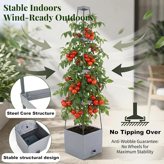 Tomato Planter with Trellis 57", 2-Pack Self Watering Raised Garden Bed with Trellis, Tomato Cages for Garden, Tomato Pots for Growing Tomatoes, Vegetable Planter, Tomato Plant Support Cage