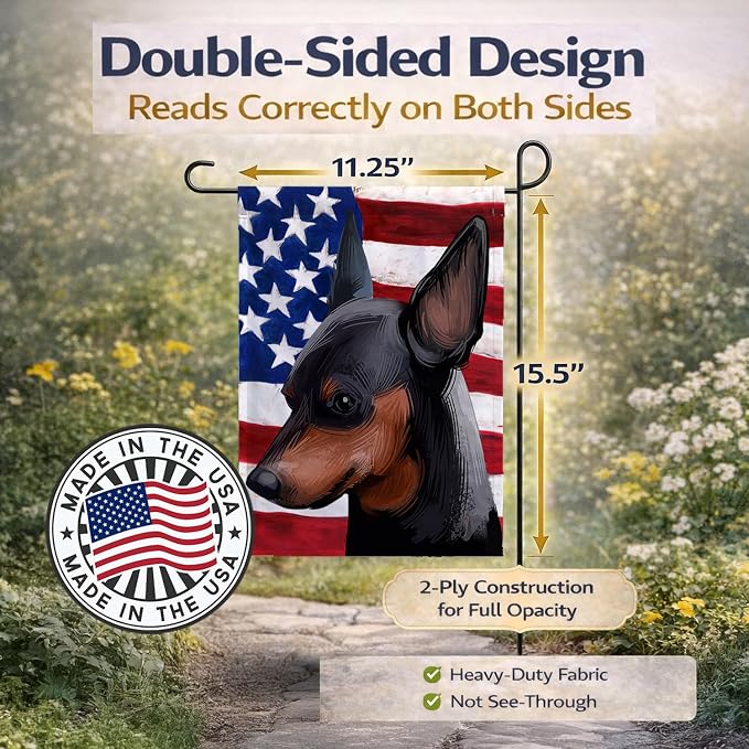 Caroline's Treasures CK6618GF Miniature Pinscher Dog American Flag Garden Flag Mailbox Flag Decorative Yard Flag Banner Outside Patio Artwork Yard Flower Beds, Garden Size, Multicolor