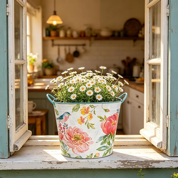 Vintage Watercolor Metal Bucket Planter with Floral & Bird Print , 13" Large Decorative Flower Pot with Handles for Indoor Outdoor Garden, Farmhouse Kitchen, Wedding and Rustic Home Decor (Flower#4)