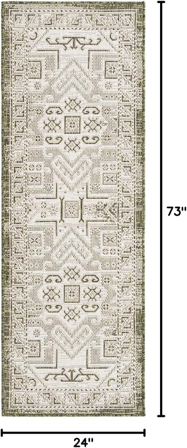 Unique Loom Outdoor Aztec Collection Area Rug - Coba (2' x 6' 1" Runner, Green/ Ivory)